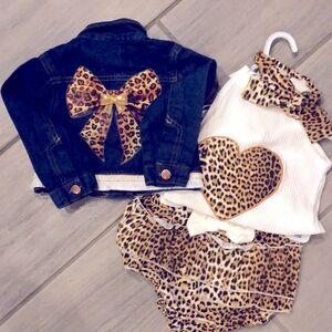 Leopard Print Kids Matching Set with Denim Jacket